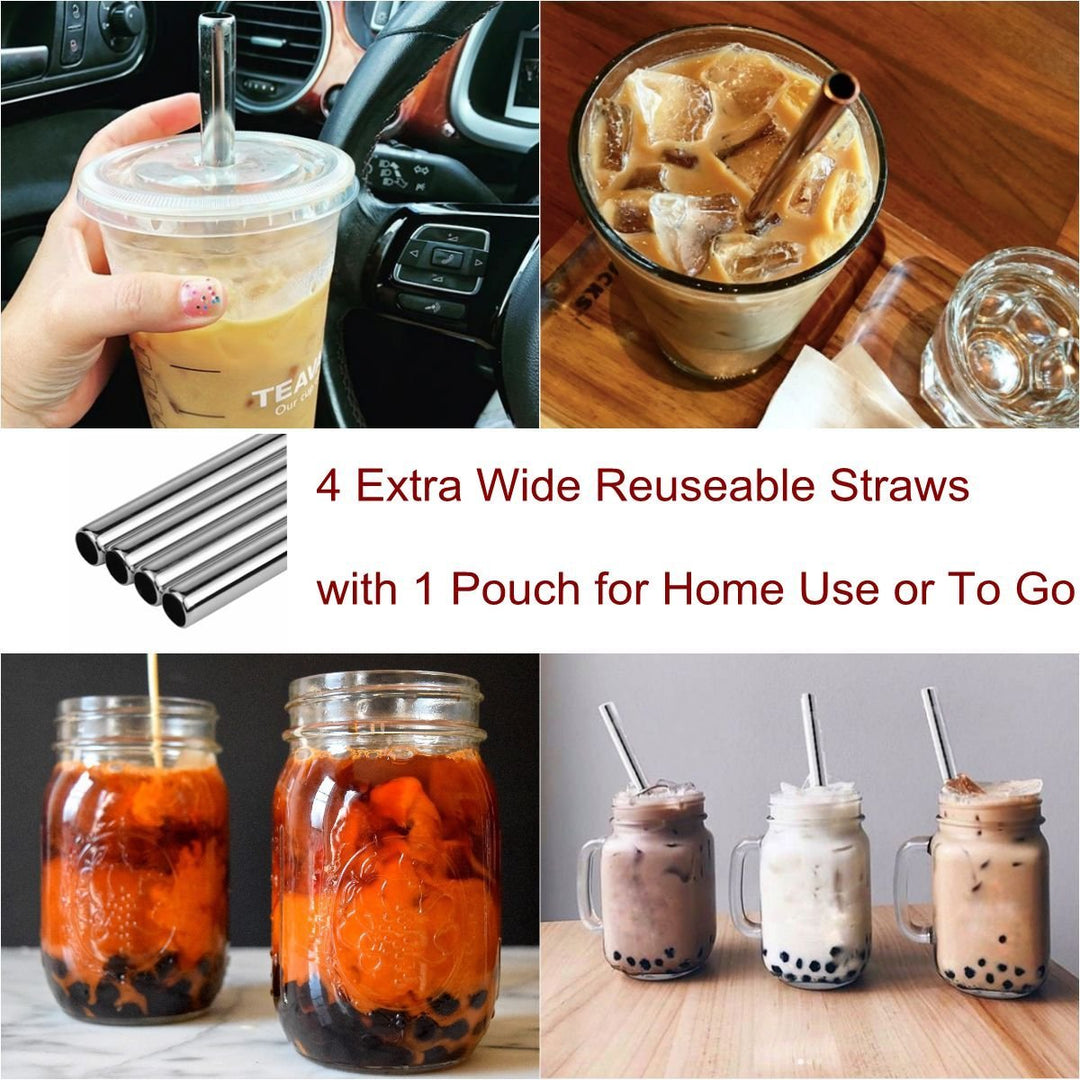Littlegood Extra Wide Stainless Steel Reusable Straws 1/2 Metal Drinking Straw Fat Boba Tea Thick Smoothie Milkshake Straws for Tapioca Pearl Bubble Tea Jumbo Drink w/ 2 Big Brush &A Bonus Gift Pouch