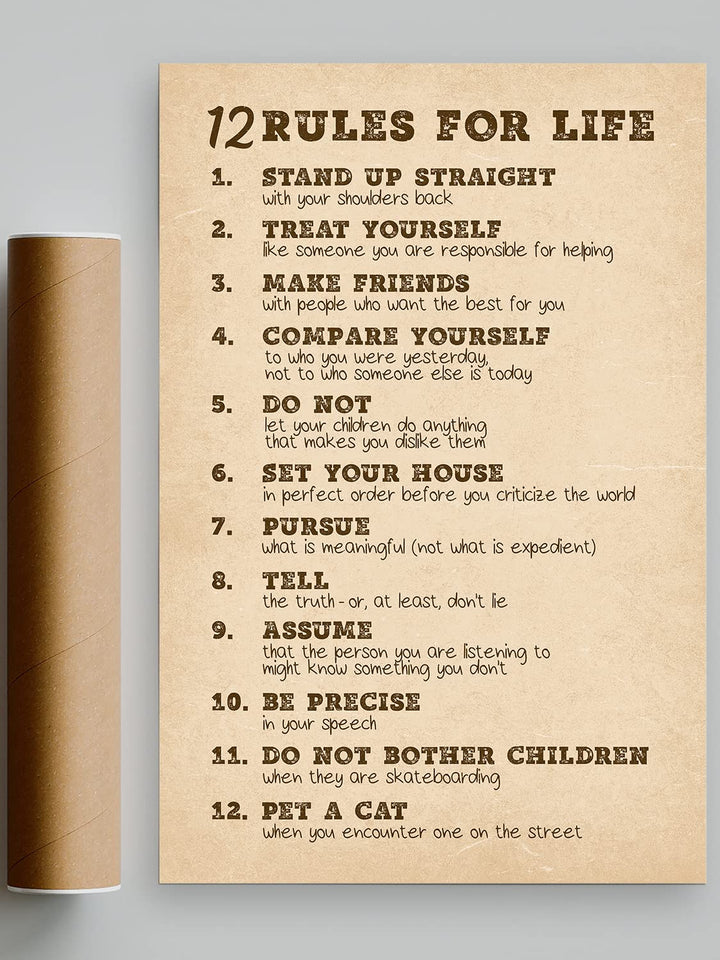 Picofyou 12 Rules for Life Motivational Poster - Jordan Peterson Inspirational Wall Art for Bedroom, Office, Home, Gym Decor Print - 16x24 Inch Unframed, 16 x 24 Inch