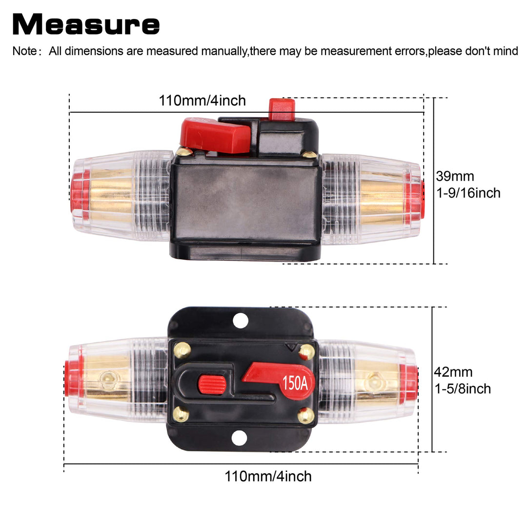2 pcs 150A Audio Inline Circuit Breaker Reset Fuse 12V-24V DC, PowMr Reset Fuse Holder 40 amp with Manual Reset for Car Audio, Stereo Switch and Solar Inverter System