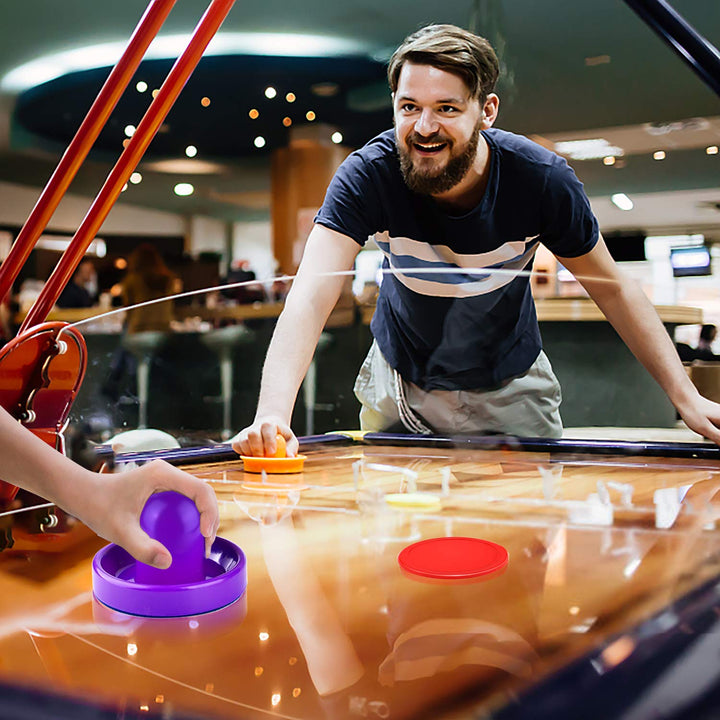 Air Hockey Pushers and Red Air Hockey Pucks, Goal Handles Paddles Replacement Accessories for Game Tables(4 Striker, 8 Puck Pack) (Purple and Yellow)