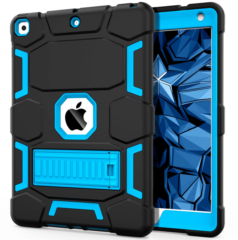 iPad 9th Generation Case, iPad 8th/7th Generation Case, iPad 10.2 2021/2020/2019 Case with Kickstand, Heavy Duty Shockproof Hybrid Three Layer Protective Cover for Kids Boy Girl, Black+Sky Blue