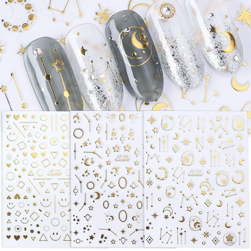 8Sheets Self-ahesive 3D Design Nail Art Stickers Decals Gold Silver Metallic Studs Moon Stars Geometry Pattern Manicure DIY Decoration Tools