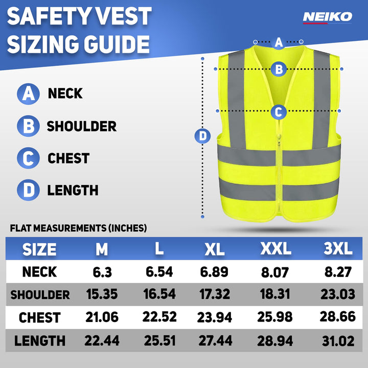 Neiko 53942A High Visibility Safety Vest with Reflective Strips | Size X-Large | Neon Yellow Color | Zipper Front | For Emergency, Construction and Safety Use