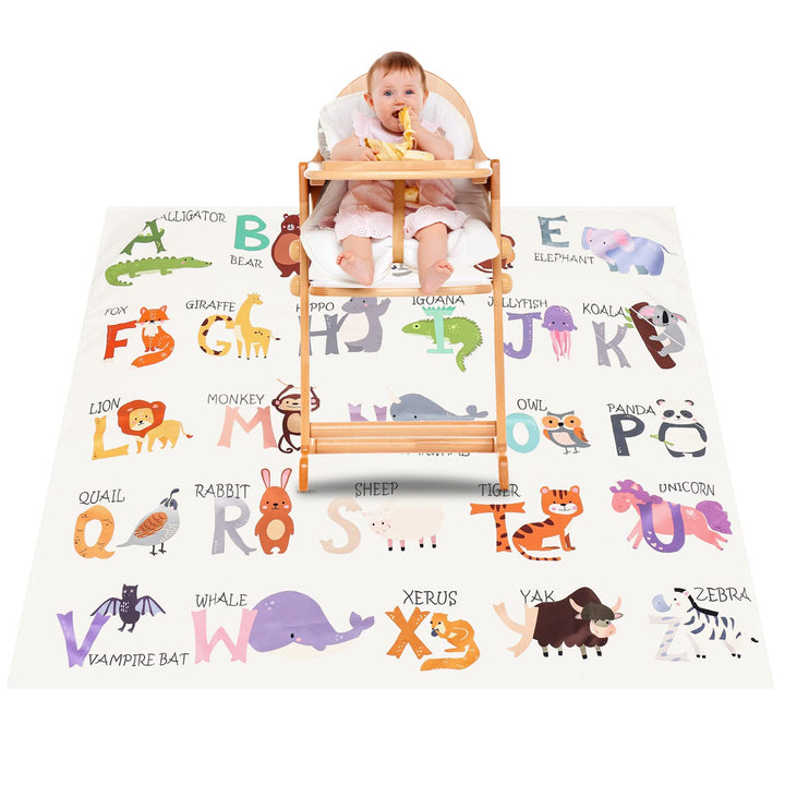 Splat Mat for Under High Chair, 51 SI Anti-Slip Waterproof Multipurpose Splash Mat, Washable High Chair Mat Floor Protection Table Cloth Portable Picnic Play Mat with Early Education Pattern