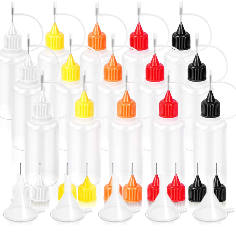 15pcs Precision Tip Applicator Bottles, 30ml 5 Colors Needle Fine Tip Squeeze Glue Applicator Bottles, 10pcs Needle Tips, 5pcs Mini Funnel for Quilling Craft Paint Ink