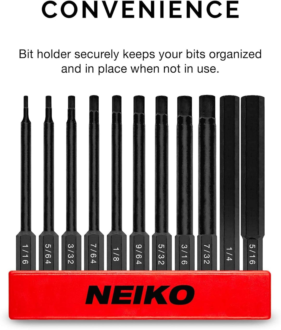 Neiko 01147A Allen Wrench Drill Bits, 11-Piece Hex Drill Bit Set, SAE Sizes 1/16 to 5/16, Magnetic Hex Head Bits, 3 Quick Release Shanks, S2 Steel, Compatible with Power Drills and Impact Drivers