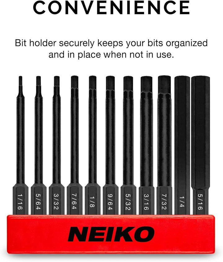 Neiko 01147A Allen Wrench Drill Bits, 11-Piece Hex Drill Bit Set, SAE Sizes 1/16 to 5/16, Magnetic Hex Head Bits, 3 Quick Release Shanks, S2 Steel, Compatible with Power Drills and Impact Drivers