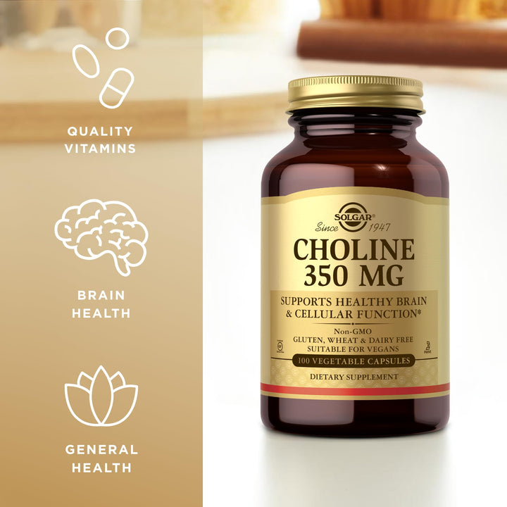 Choline 350 mg - 100 Vegetable Capsules - Non-GMO, Vegan, Kosher - 100 Servings