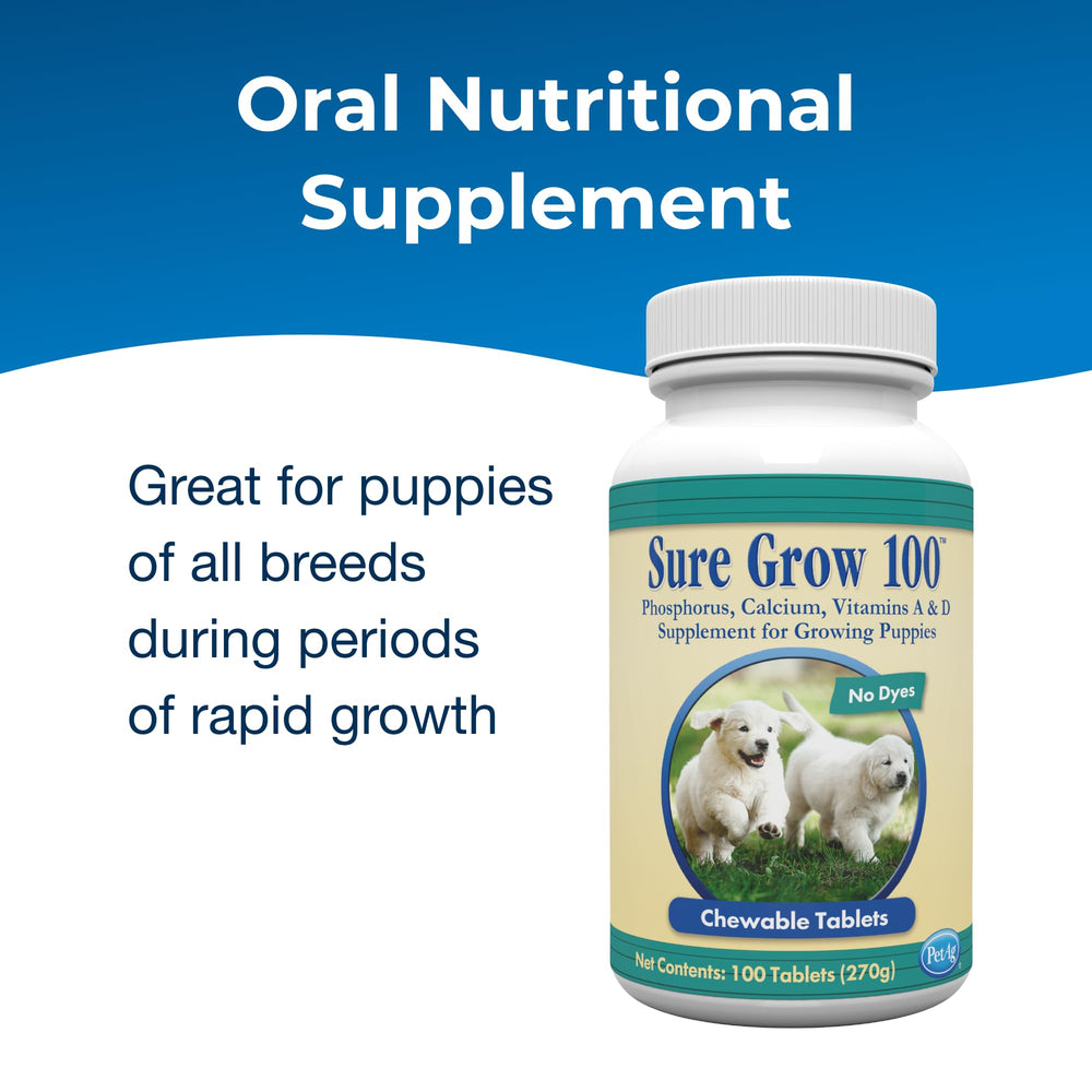 Sure Grow 100 - Promotes Optimal Bone Development in Puppies Eight Weeks and Older - with Calcium, Phosphorus, and Vitamins A & D - 100 Chewable Tablets