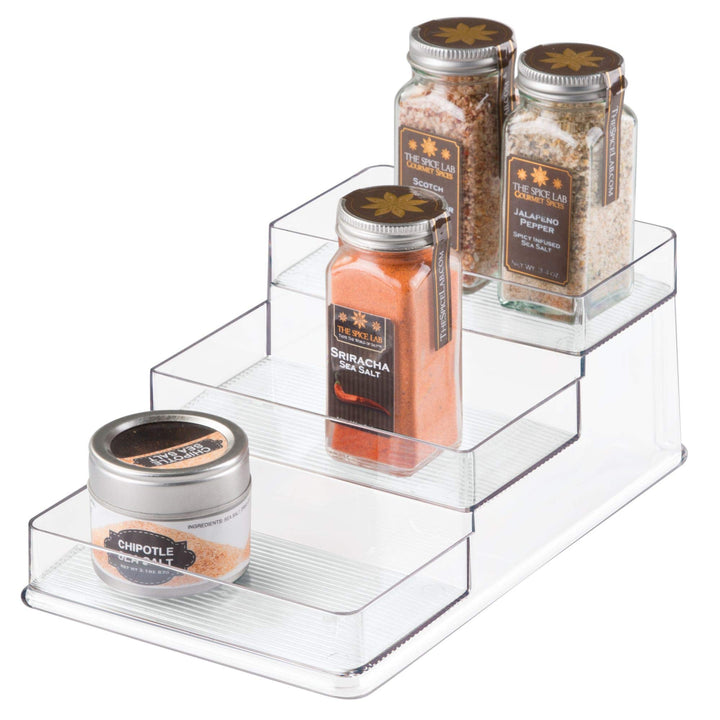 iDesign Recycled Plastic 3-Tier Stadium Spice Rack Organizer for Kitchen, Fridge, Freezer, Pantry and Cabinet Organization, The Linus Collection – 6.25 x 4 x 1.25, Clear