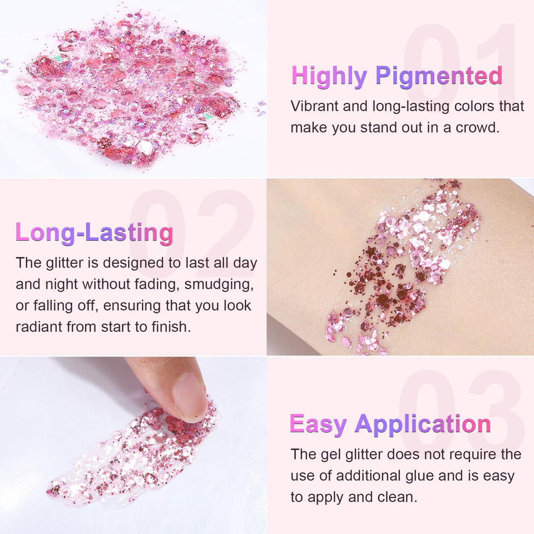 Holographic Silver Face Glitter, Long Lasting Glitter Shimmer Chunky Sequins Glitters for Body, Face, Hair Makeup (Silver)