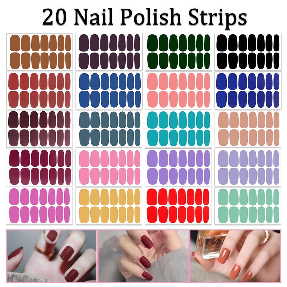 280 Pieces 20 Sheets Solid Color Nail Polish Strips Nail Stickers Full Nail Wraps for Women Self Adhesive Nail Art Stickers with 1pc Nail File