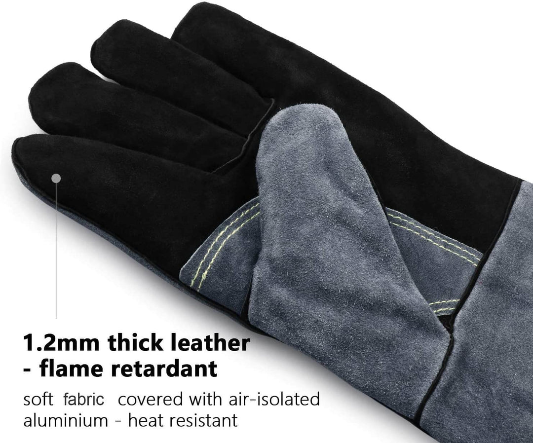 932 Grill BBQ Gloves 16-inch Heat Resistant Leather Forge Welding Glove with Flame Retardant Long Sleeve and Insulated Lining for Men and Women Black-Gray