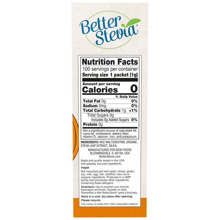 BetterStevia Zero-Calorie Granulated Sweetener Packets, Keto Friendly, Suitable for Diabetics, No Erythritol, 100 Packets