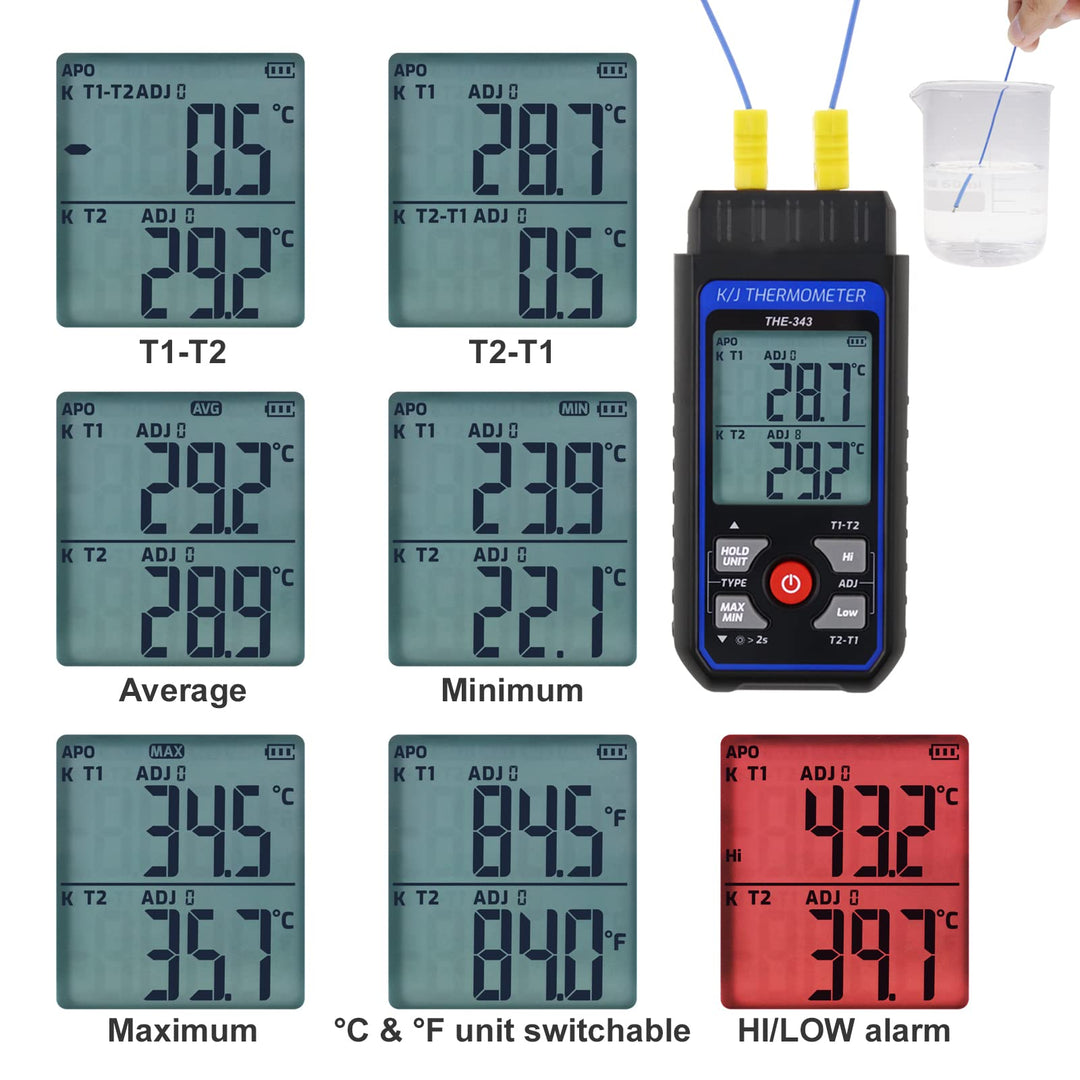 Thermocouple Thermometer Digital K Type Thermometer with 4 Thermocouples, -328~2500 Measuring Range HVAC Thermometer Dual Channels Temperature Meter Gauge with LED Backlight & ADJ Compensation