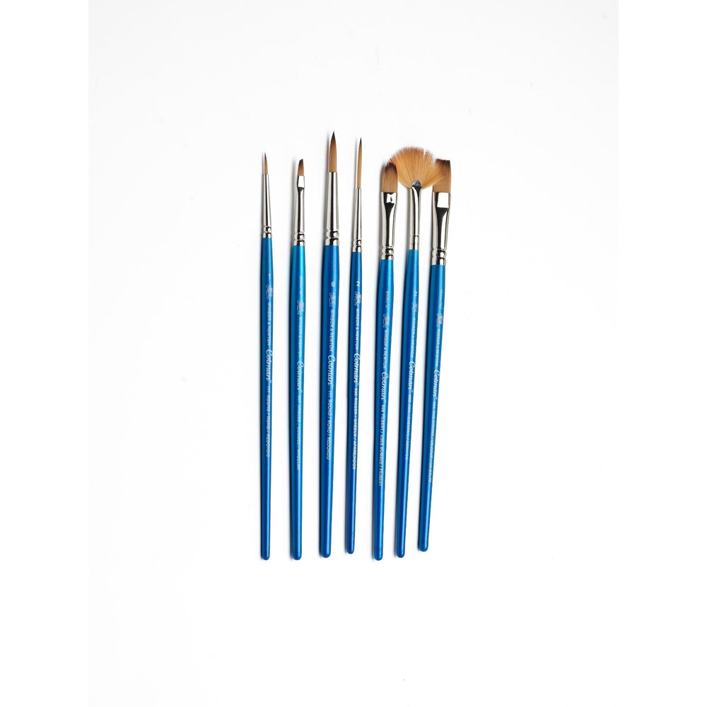 Cotman Short Handle Brushes, Set of 7, (Round 1 & 6, Rigger 2, Filbert 1/4, One Stroke 3/8, Angled 1/8, Fan 2)
