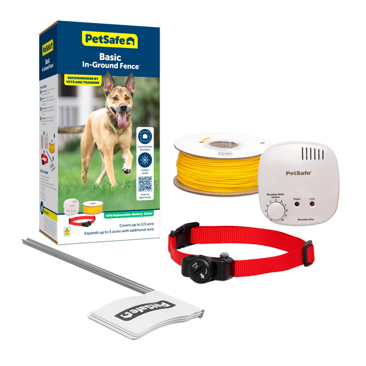 Basic In-Ground Pet Fence Underground Dog Fence, Pet Electric Containment, Waterproof Collar for Dogs, Adjustable Collar Fits Neck Sizes 6-26 in, Wired Dog Containment System (Multi-Color)