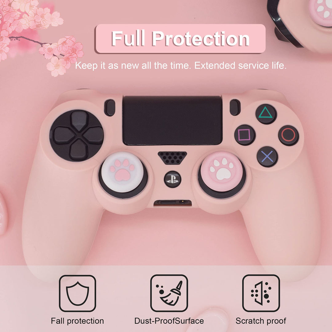Controller Skin for PS4, Anti-Slip Grip Silicone Cover Protector Case Compatible with PlayStation 4 Slim/PS4 Pro Wireless/Wired Gamepad Controller with 2 Cat Paw Thumb Grip Caps (Sakura Pink)