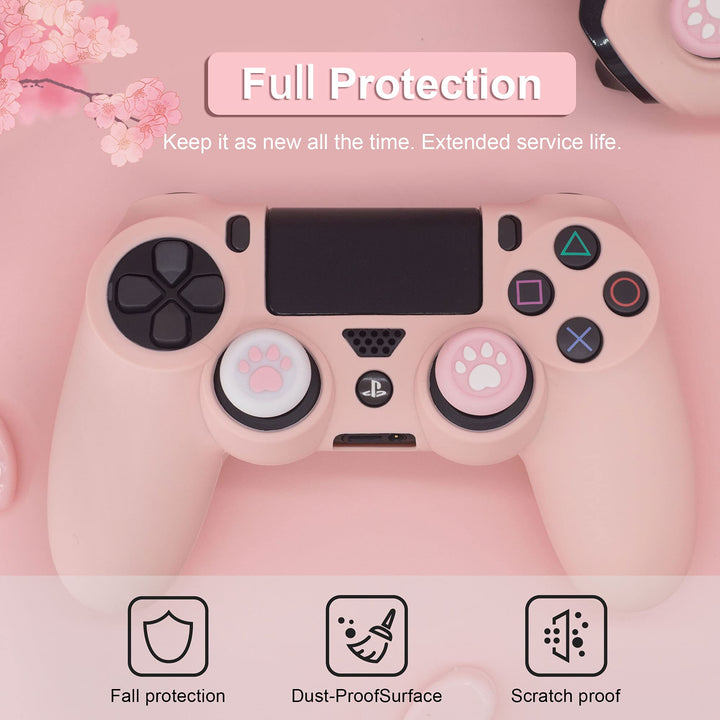 Controller Skin for PS4, Anti-Slip Grip Silicone Cover Protector Case Compatible with PlayStation 4 Slim/PS4 Pro Wireless/Wired Gamepad Controller with 2 Cat Paw Thumb Grip Caps (Sakura Pink)