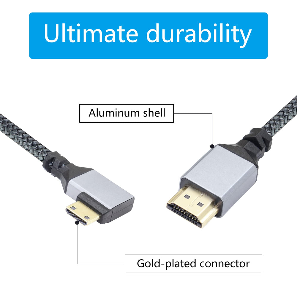4K Mini HDMI to HDMI Adapter Cable,90 Degree Right Angle Mini HDMI Male to HDMI Male Aluminum Short Nylon Braided Cord Cable,Support 4K UHD,for Laptop,TV,Camcorder etc.(Cable:50cm)