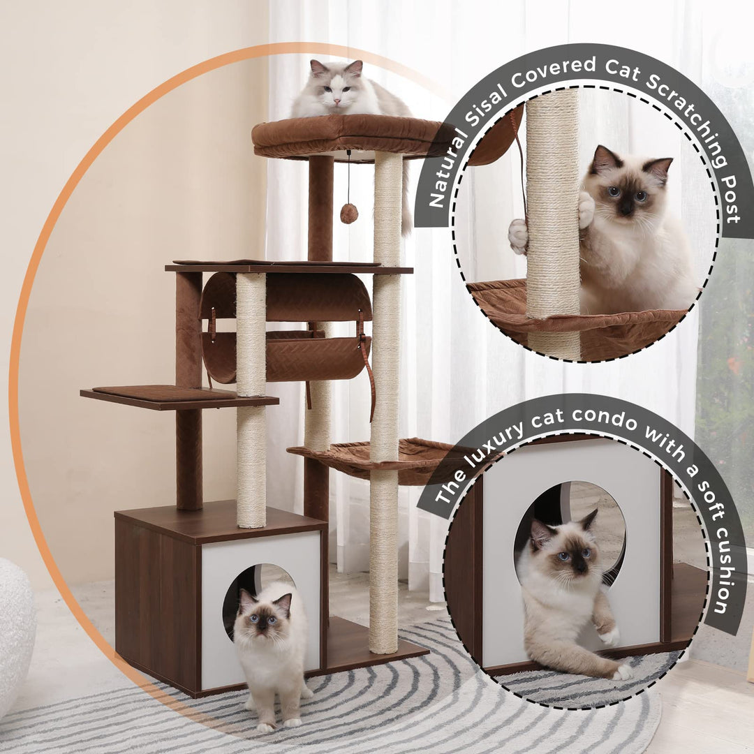 51.4 Inches Modern Cat Tree Premium 6 Levels Wooden Cat Tower with Fully Sisal Covered Scratching Posts, Cozy Condo, Spacious Perch, Super Large Hammock and Swing Tunnel for Indoor Cats Brown