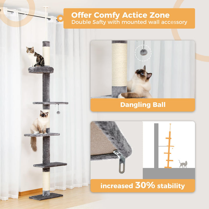 Cat Tower 5-Tier Floor to Ceiling Cat Tree Height(95-107 Inches) Adjustable, Tall Climbing Tree Featuring with Scratching Post, Cozy Bed,Interactive Ball Toy for Indoor Cats/Kitten Grey