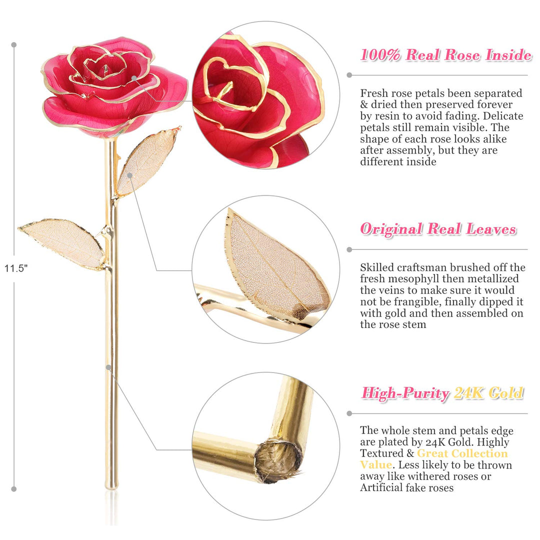 24K Dipped Real Flower Leaves, Romantic Golden Rose Eternity First Love Valentines Birthday Anniversary Propose Wedding Gift for Wife Girlfriend Sister Women, Adorable Gold Pink
