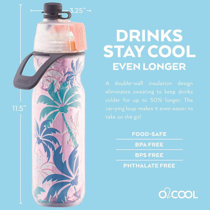 Mist 'N Sip Misting Water Bottle 2-in-1 Mist And Sip Function With No Leak Pull Top Spout Sports Water Bottle Reusable Water Bottle - 20 oz (Pink Palm Tree)