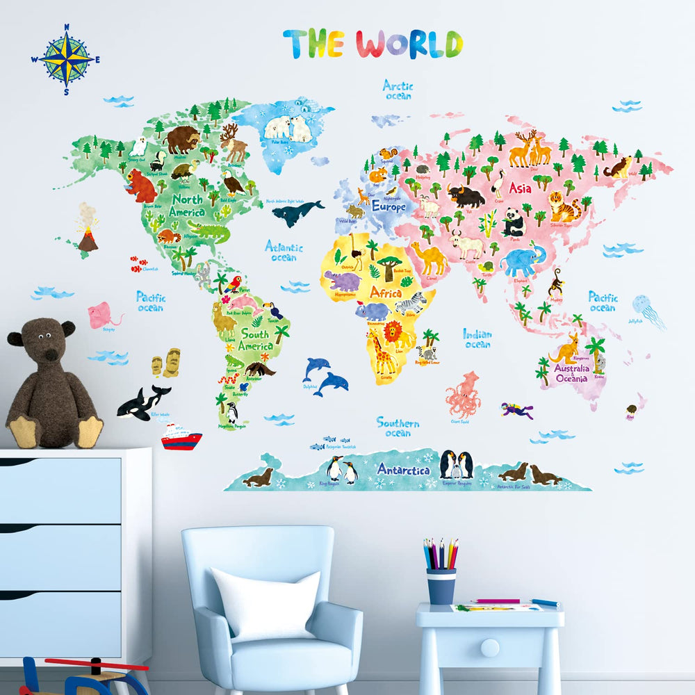 SG2-1615S Animal World Map Kids Wall Stickers Wall Decals Peel and Stick Removable Wall Stickers for Kids Nursery Bedroom Living Room (Large) décor