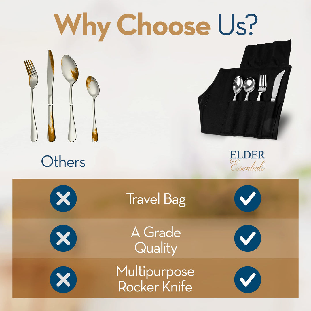 Elder Essentials Weighted Utensils for Hand Tremors, Elderly, Handicap and Parkinson Patients - Weighted Rocker Knife, Spoon and Fork Set - 4 Pieces Weighted Silverware for Hand Tremors