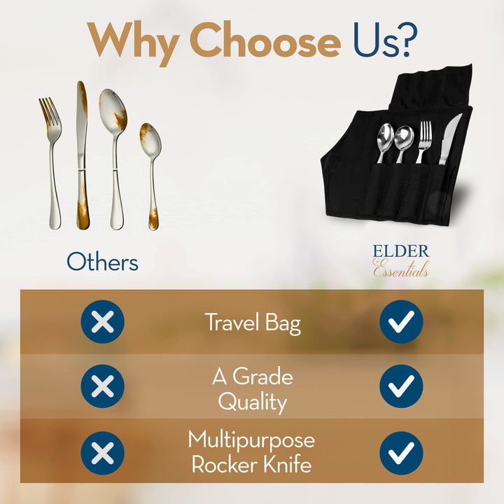 Elder Essentials Weighted Utensils for Hand Tremors, Elderly, Handicap and Parkinson Patients - Weighted Rocker Knife, Spoon and Fork Set - 4 Pieces Weighted Silverware for Hand Tremors
