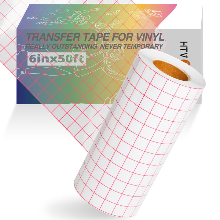 Clear Vinyl Transfer Paper Tape Roll 6 x 50 Feet Clear w/Red Alignment Grid - Application Transfer Tape Perfect for Self Adhesive Vinyl for Signs Stickers Decals Walls Doors & Windows