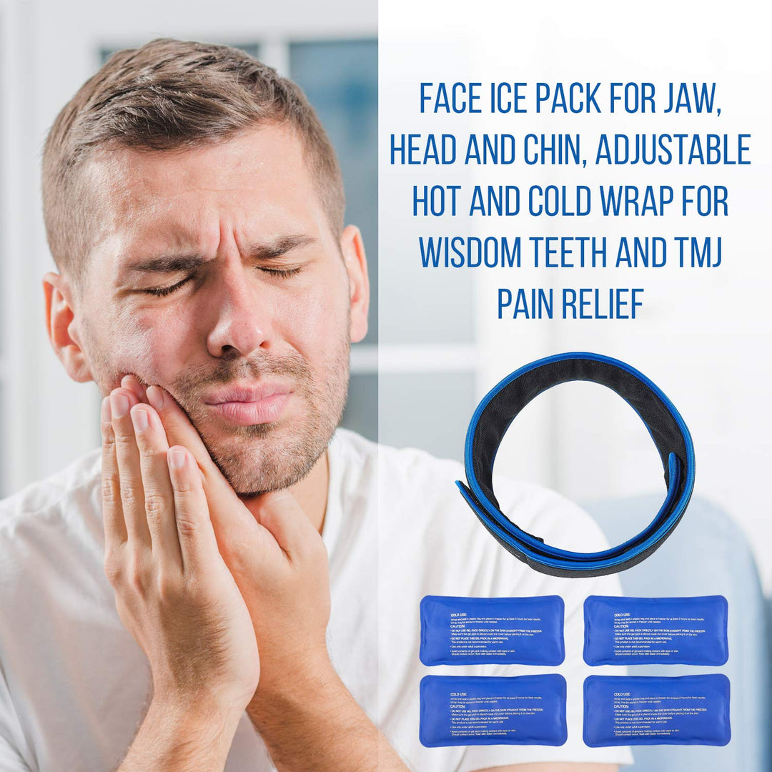 Face Ice Pack - Use as Wisdom Teeth Ice Pack, TMJ Relief Products, Jaw Pain - Hot & Cold Therapy for Chin, Headaches, Post Surgery Treatment - Adjustable Face Wrap Includes 4 Gel Packs