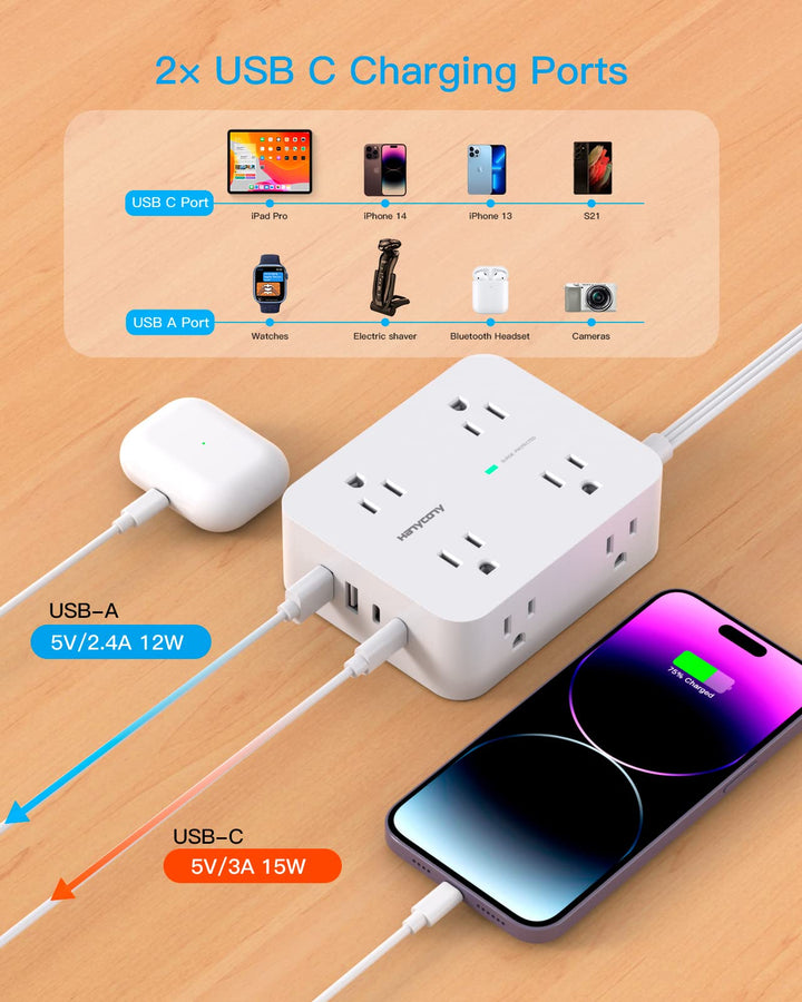 Surge Protector Power Strip, Extension Cord with Multiple Outlets, 5 Ft Ultra Thin Flat Plug 8 Outlets 4 USB Ports(2USB C), 1080J Outlet Extender for Home Office College Dorm Room Essentials