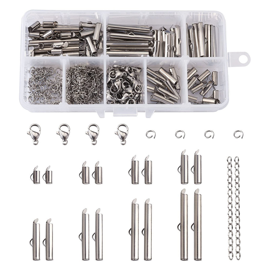 Beadthoven 260pcs 8sizes Stainless Steel Tube Slide On End Clasps with Twist Extender Chains Jump Rings Lobster Claw Clasps Crimp Cord Ends Findings for Jewelry Making 8/10/13/16/20/25/30/35MM
