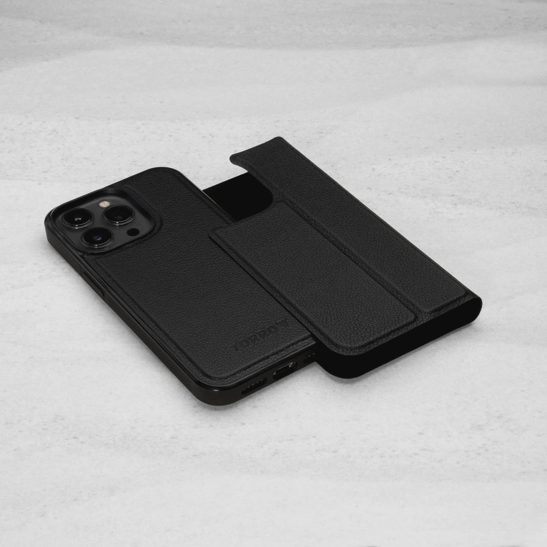 Leather Case Compatible with iPhone 14 Pro Max – Genuine Leather MagSafe Compatible Bumper Case with Magnetically Detachable Cover with Kickstand (Black)