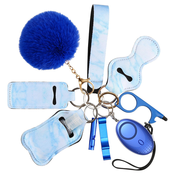Safety Keychain Set for Women and Kids, 10 Pcs Safety Keychain Accessories, Self Defense Keychain Set for Girls with Safe Sound Personal Alarm, No Touch Door Opener, Whistle and Pom, Blue