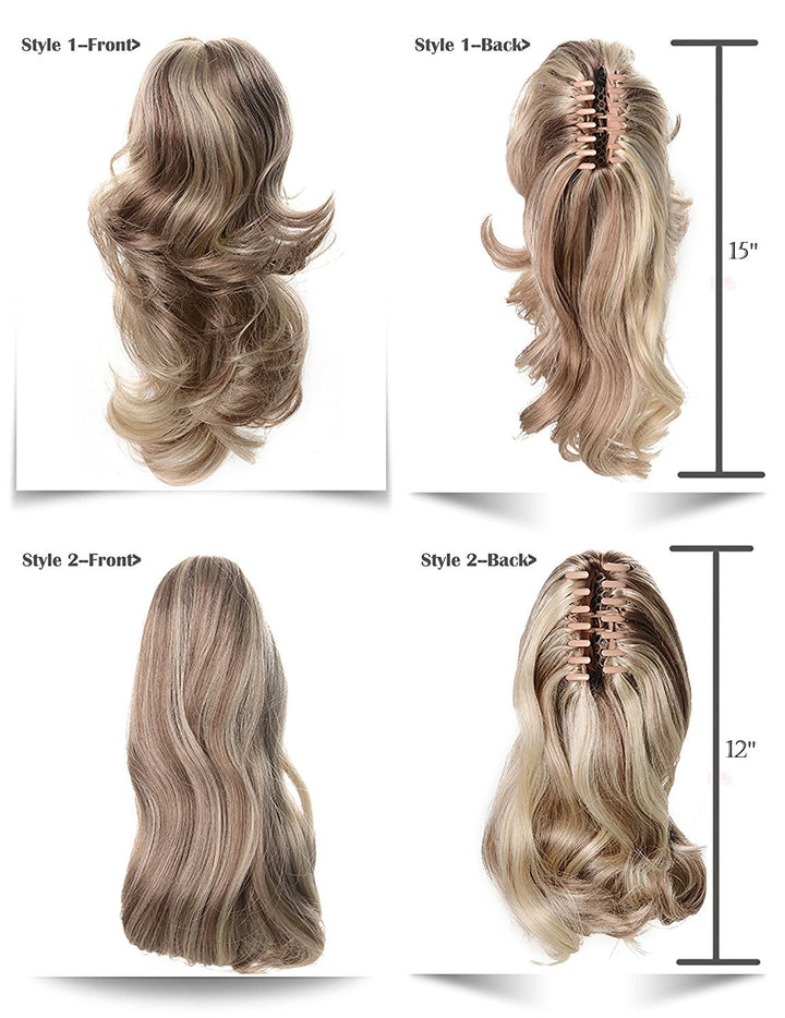 12 Dual Use Straight Curly Styled Clip In Claw Ponytail Hair Extension Synthetic Hairpiece 125g with a jaw/claw clip (H16-613 Blonde with Highlights)