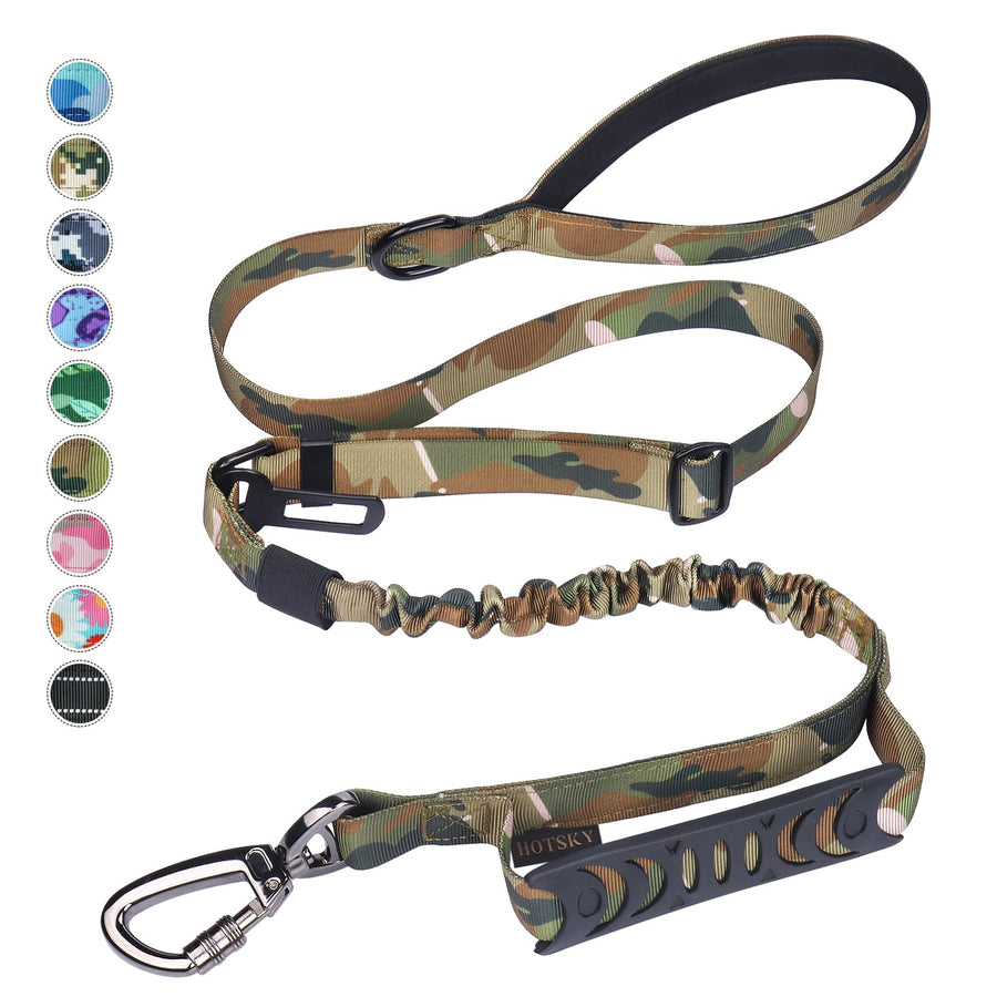 Heavy Duty Dog Leash,Military Dog Leash with Car Seat Belt and Double Handle for Large Dogs Up to 800lbs, 4-6ft Shock Absorbing Retractable Strong Dog Leashes for Training and Walking,Camo