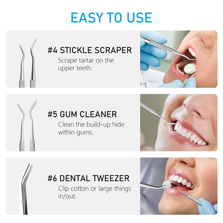 Dental Hygiene Kit Dental Tools Set Stainless Steel Dentist Use Dental Pick Floss Gum Tools Stainless Steel Tarter Scraper Tooth Pick Dental Scaler and Tweezers Oral Mirror Probe Tool