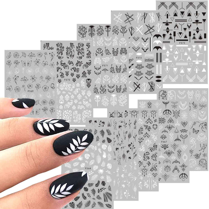 , 10 Sheets Black White Leaf Flower Line Nail Stickers Decals,3D Self-adhesive Retro Leaves Flowers Vine Geometry Line Nail Design For Acrylic Nails,DIY Nail Supplies Nail Decoration