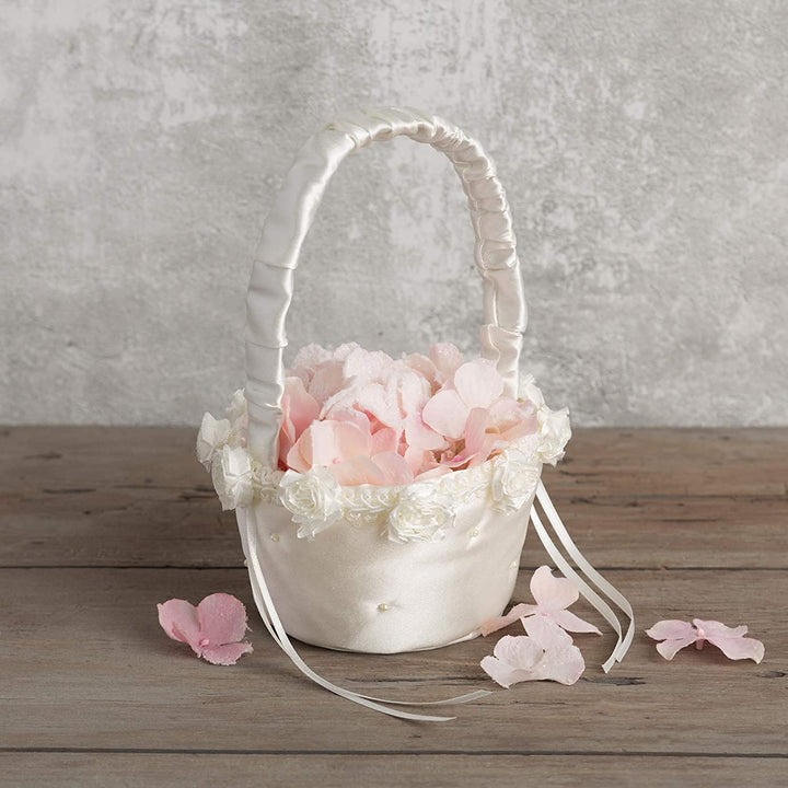 5073062010 Small Flower Girl Basket for Weddings and Other Celebrations, 3.5'' W x 5'' L x 7.5'' H, White Ivory