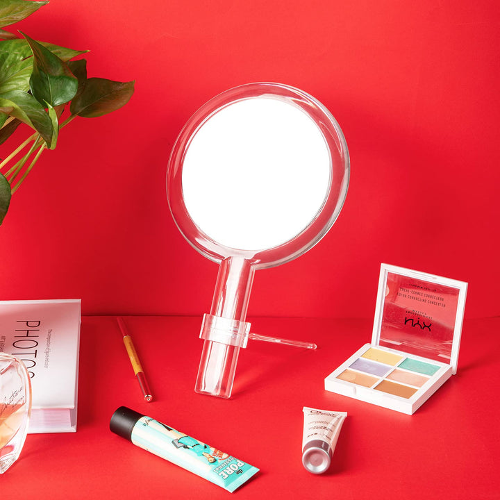 Double-Sided Handheld Mirror with Stand, 1X/10X Magnifying Mirror, Clear Adjustable, Round Shape, 25.8 x 15 cm
