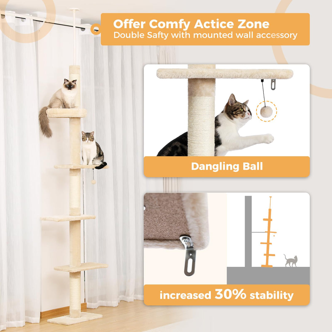 Floor to Ceiling Cat Tree, Cat Tower 5-Tier Height(95-107 Inches) Adjustable, Tall Cat Climbing Tree Featuring with Scratching Post, Cozy Bed,Interactive Ball Toy for Indoor Cats/Kitten Beige