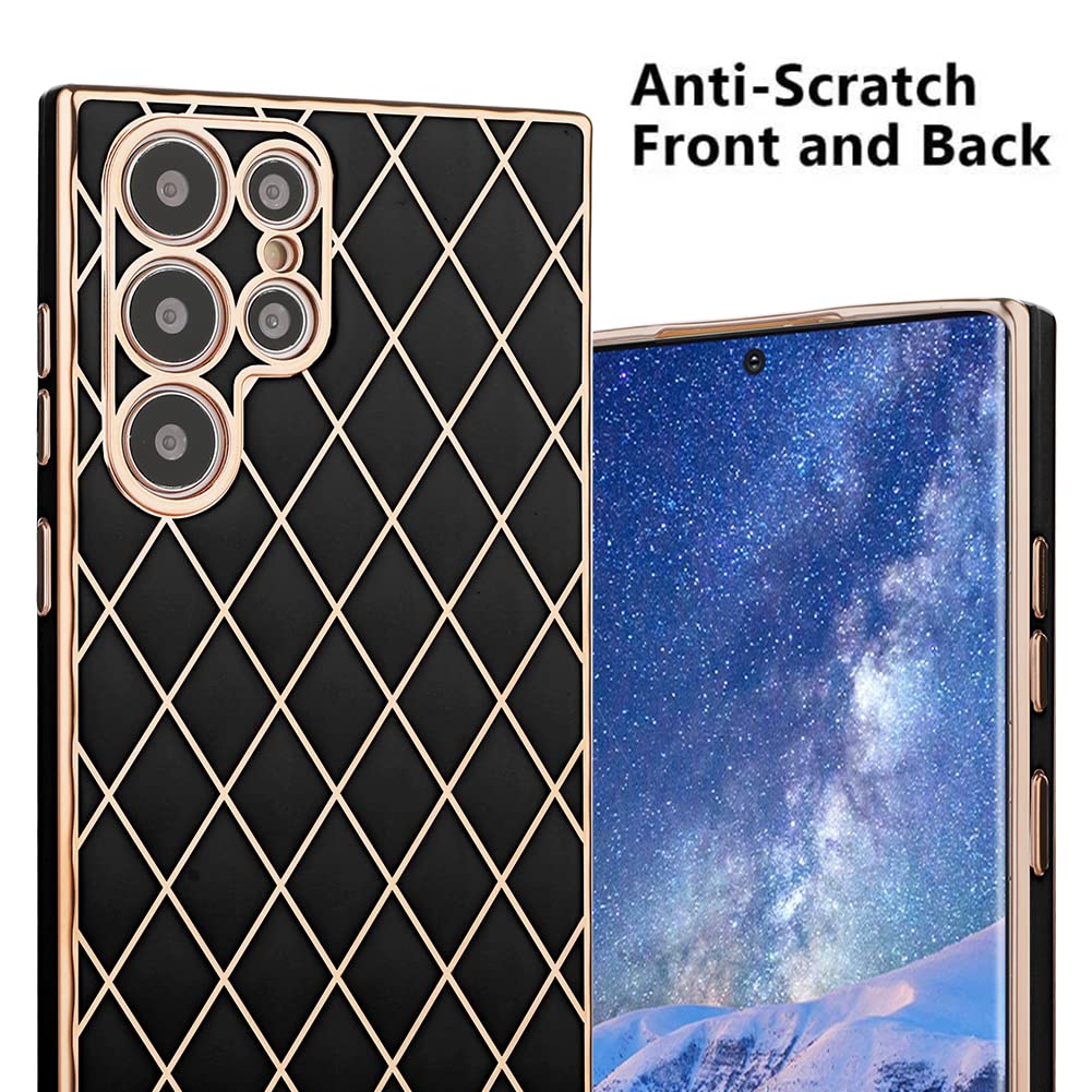 Compatible with Galaxy S22 Ultra Case,Luxury Plating Lattice Design with Slim Soft Back TPU Bumper,Camera Lens Protection Phone Case Cover for Samsung Galaxy S22 Ultra-Black
