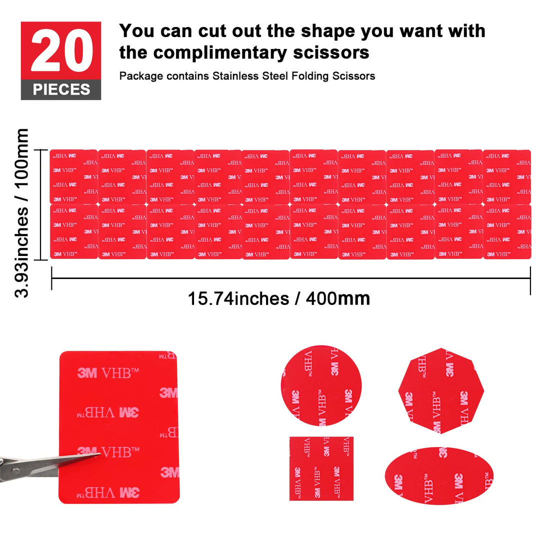 3M Double Sided Adhesive Tape Pads 20 PCS Multipurpose 3M VHB Sticky Adhesive Pads Replacement Mounting Tape with Stainless Steel Folding Scissors and Storage Box - 1.96 in x 1.57 in