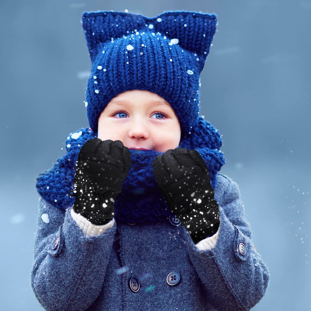 2 Pairs Kids Winter Ski Gloves Waterproof Warm Snow Mittens Full Finger Gloves for Toddlers Infants (Black, Rose Red, 1-3 Years)