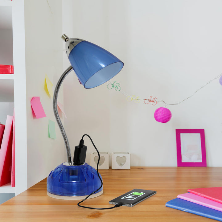 LD1015-CBL Flossy Organizer Desk Lamp with Charging Outlet and Lazy Susan Base, Clear Blue