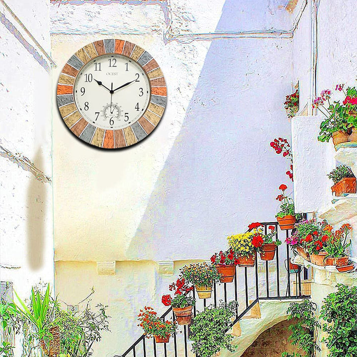 13 Inch Large Outdoor Indoor Clock, Waterproof Wall Clock with Thermometer, Weather-Resistant Non-Ticking Battery Operated Decor Clock for Patio, Pool, Lanai, Fence, Porch, Garden (Yellow)