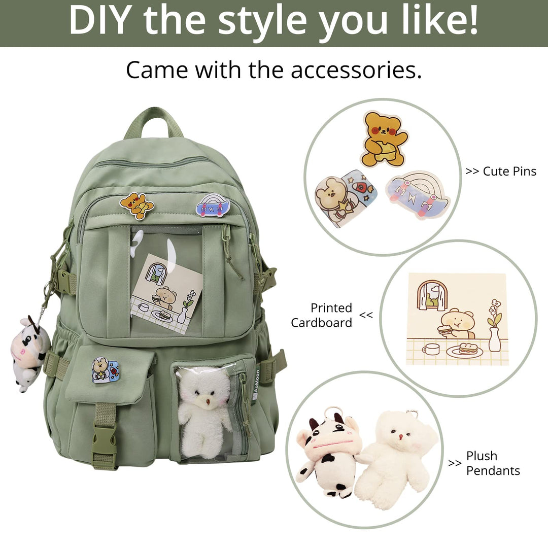 Kawaii Backpack Lovely Pastel Rucksack for Teen Girls Aesthetic Student Bookbags with Kawaii Pin and Cute Accessories (Blue-C-1)